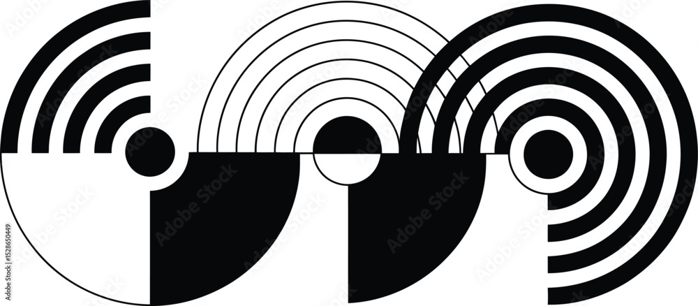 Poster abstract black and white geometric composition of semicircles and circular patterns