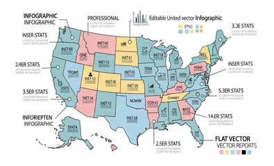 Fototapeta premium Editable Flat United States Map Infographic Vector with Data and Statistics