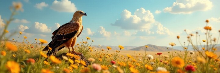 Egyptian vulture perched, wildflowers surround, sunlit meadow , wild, majestic, Africa