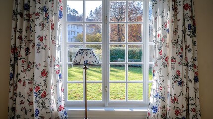 Floral curtains frame a window with scenic outdoor view and elegant lamp