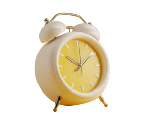 A yellow alarm clock with a white face and a white bell
