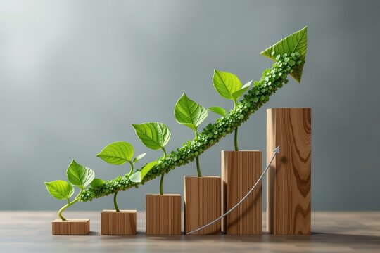 ESG investing growth concept. Growing plants integrated with bar charts symbolize sustainability and economic growth.