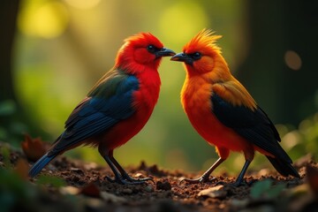 Flame bowerbird courtship ritual, vibrant plumage, natural New Guinea habitat , red, wildlife photography, colorful