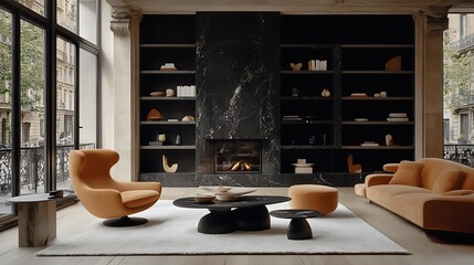 Elegant living room interior with fireplace, bookshelves, and modern furniture