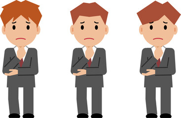 あごに手を当て困り顔のグレースーツの若い男性