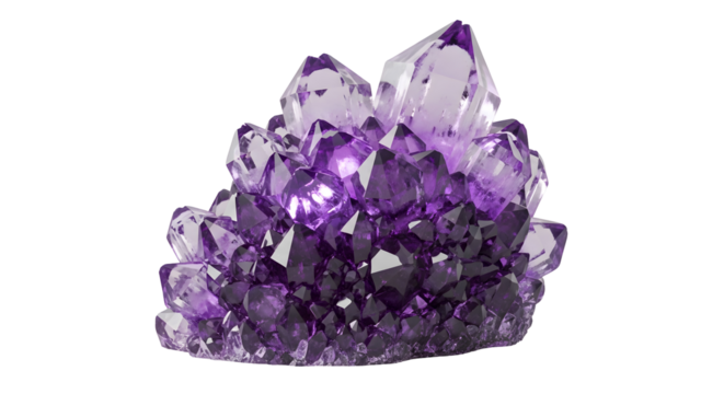 Detailed View of a Purple Crystal Cluster with Transparent Background and Faceted Surfaces