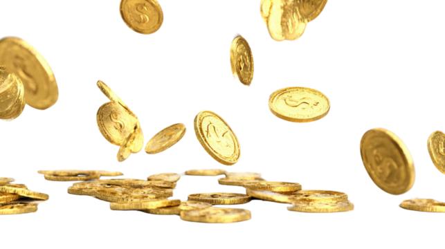 A pile of gold coins are falling from the sky