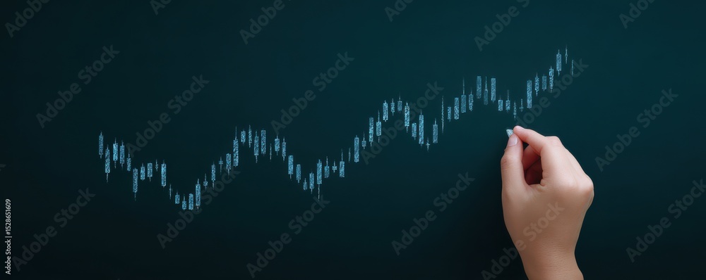 Poster hand drawing a growing stock market graph on a dark background with indicators and candlestick patte
