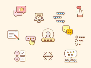 Review And feedback Icon Set. Vector collection of customer, rating, star rating, chat, testimonials, survey, support, communication, sign and element symbols or logo element.