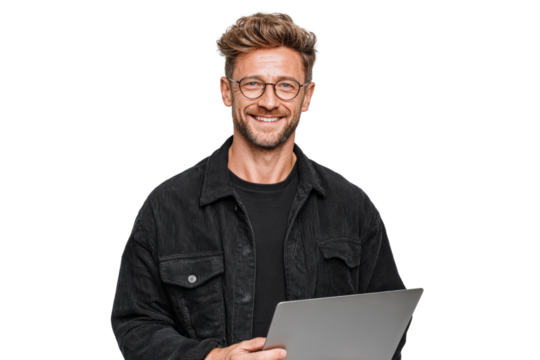 A man wearing glasses and a black jacket is smiling and holding a laptop