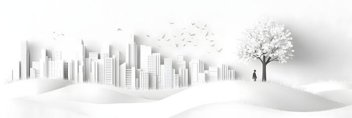 The person who knows. Tree, Achieve sustainable growth, World Environment Day. White eco urban city and nature landscape background paper art style.