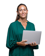 A woman is holding a laptop and smiling