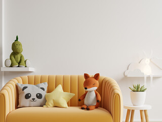 Modern kids room interior with a yellow sofa, adorable plush fox and panda pillows, green dinosaur toy on shelf- 3D rendering © Vanitjan