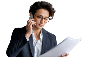 A man in a suit is talking on a cell phone while reading a piece of paper