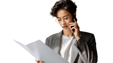 A woman is talking on her cell phone while reading a piece of paper