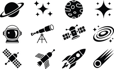 Black and white space icon set featuring planets stars astronaut and exploration elements