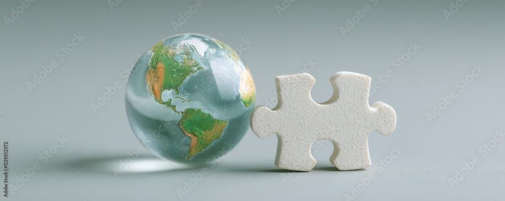 Poster global unity concept with globe and white puzzle piece symbolizing connection and collaboration for 