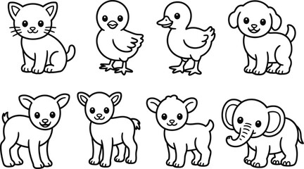 Adorable cartoon animals collection featuring cat chicken duck puppy lambs and cute elephant outline designs