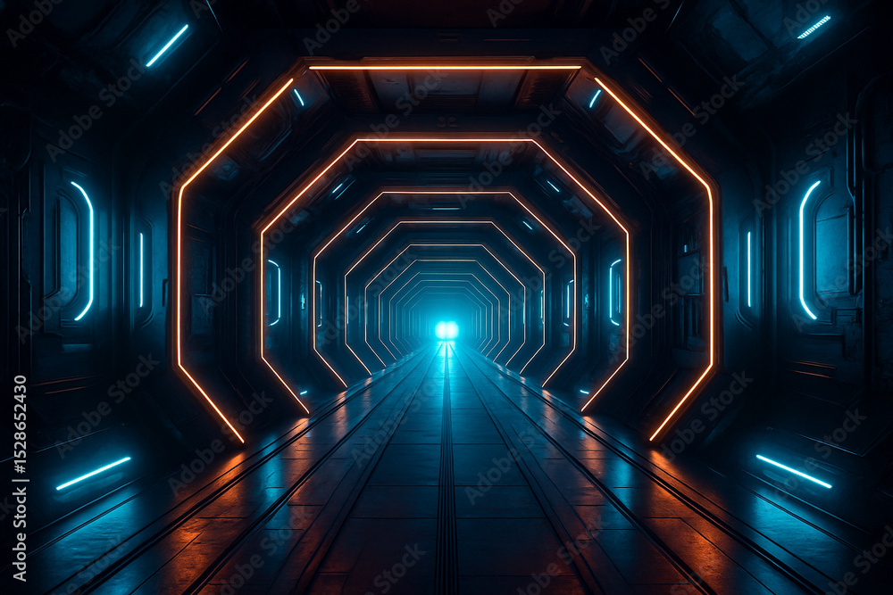 Poster ai generated glowing sci fi corridor with repeating octagonal tunnel structure neon blue and orange 