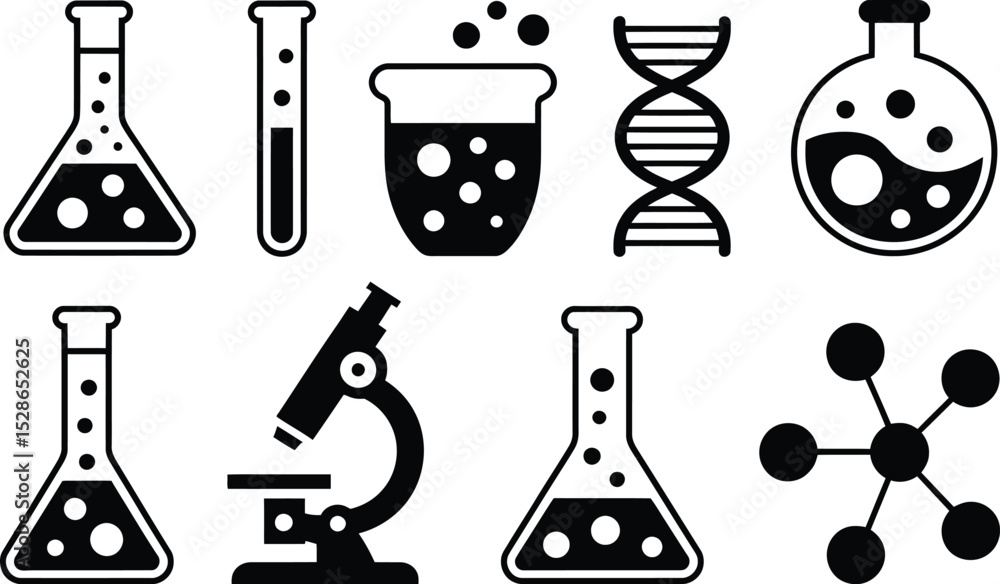 Poster black and white vector set of science lab equipment and molecular structures for educational concept
