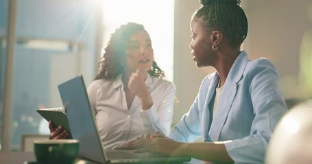 Office, business people and laptop with tablet for feedback, investment solution and finance report. Teamwork, women and financial advisor with secretary for budget management, research or discussion - Powered by Adobe