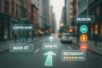 Augmented Reality Street View on Smartphone Displaying Digital Overlays for Urban Navigation and Information Exploration in a Futuristic City Environment