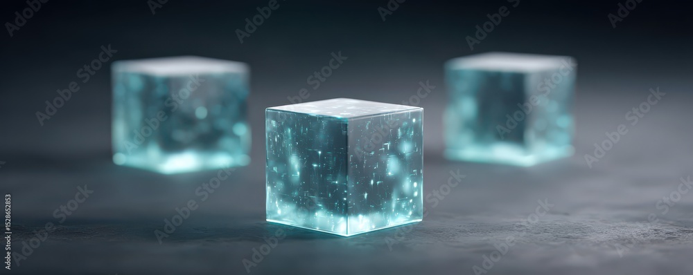 Poster glowing ice cubes with luminous particles on dark background for artistic and creative projects