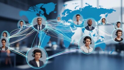 Global network of diverse professionals connected via a digital interface, depicted against a blurred office backdrop and a translucent world map. - Powered by Adobe