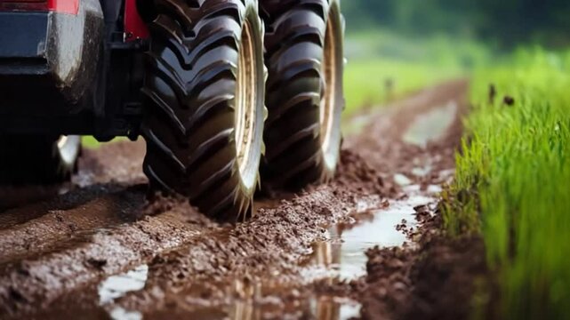 Tractor Tires Treading Through Muddy Rural Field Showcasing Agricultural Vehicle Action