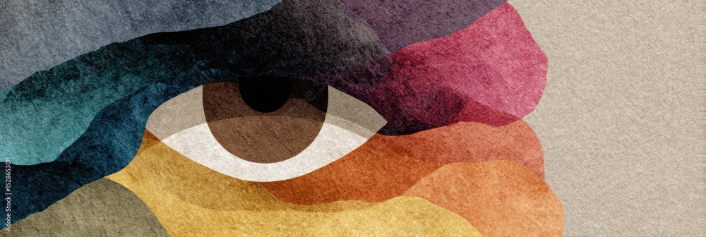 Poster Layered Abstract Shapes Create an Eye on a Neutral Background With a Clear Upper Half Showcasing Vibrant Colors and Textures