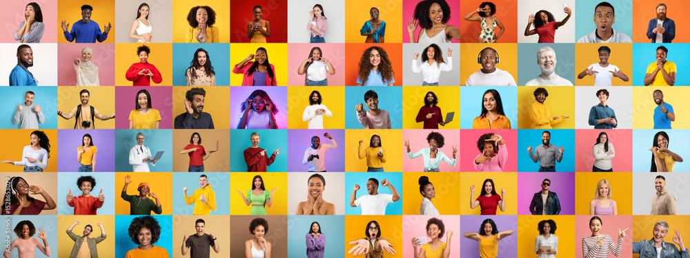 Poster a vibrant collage showcases multiracial individuals smiling and gesturing towards the viewer.