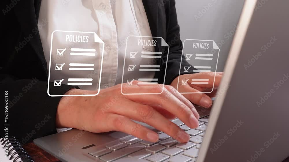 Poster close-up of hands typing on a laptop with digital floating document icons and check mark boxes for a