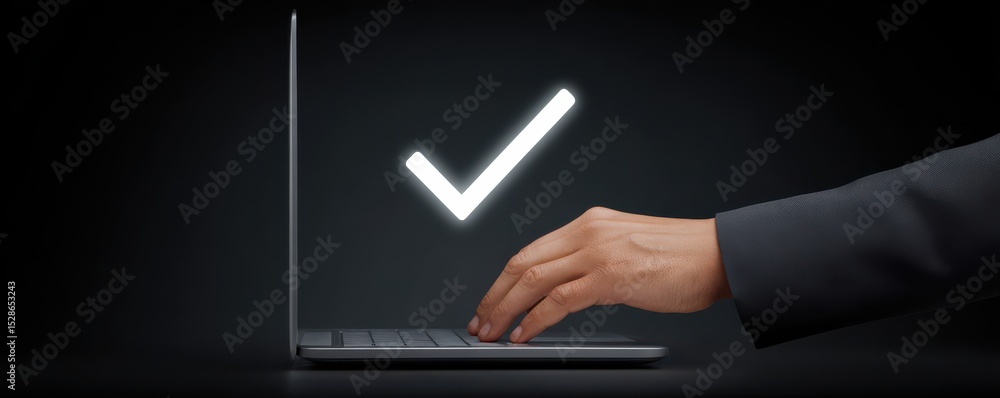 Poster hand over laptop keyboard with glowing checkmark signifying success in digital tasks and online acco