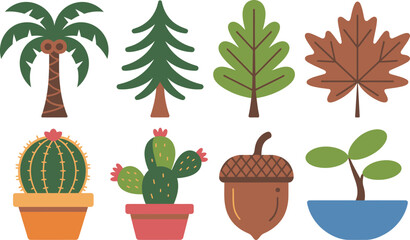 Colorful vector illustrations of various plants including trees leaves cacti and acorn elements