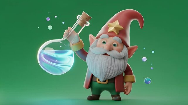 Charming 3D Rendered Gnome Character Holding Potion on Green Background With Star Adorned Red Hat and Smiling Face