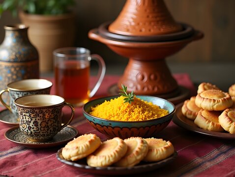 Moroccan Food Set Tagine with Couscous, Pastries, and Tea.