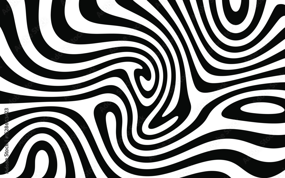Poster abstract black and white swirls and lines creating a dynamic optical illusion design