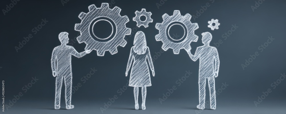 Poster collaboration and teamwork concept with hand-drawn gears representing ideas and solutions in a busin