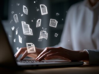 A woman is typing on a laptop with a lot of paper flying around her