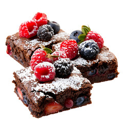 Delicious chocolate brownies topped with fresh berries isolated on transparent background
