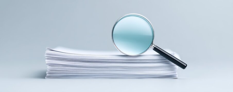 Stack of White Papers with a Magnifying Glass on a Light Gray Background for Inspection and Analysis