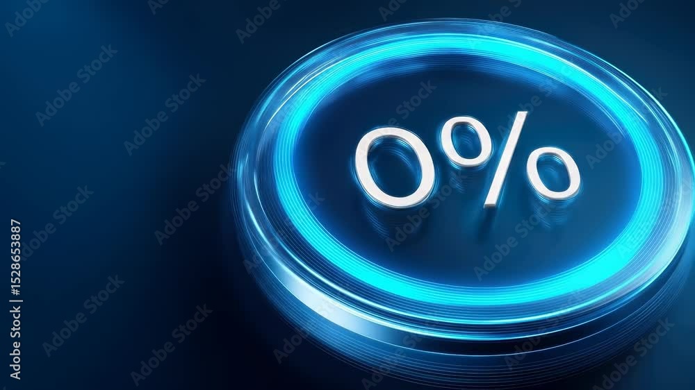 Poster modern illuminated button with 0% displayed prominently in sleek blue circular design, set against d