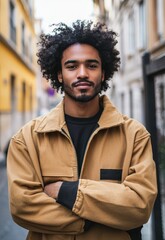 A young man with curly hair wearing a beige jacket, standing in front of a yellow building with a black door.