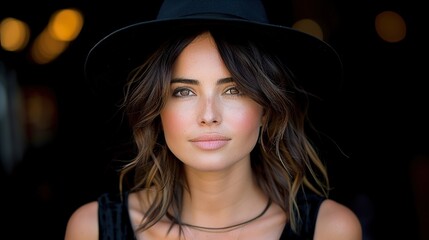 Beautiful young woman in black dress with hat walking  