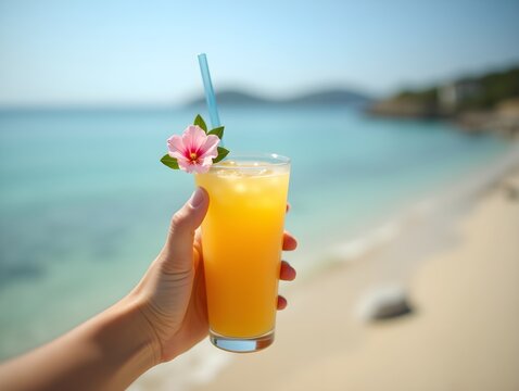 Hand holding yellow beverage with pink flower, peaceful beach in background For Social Media Post Size