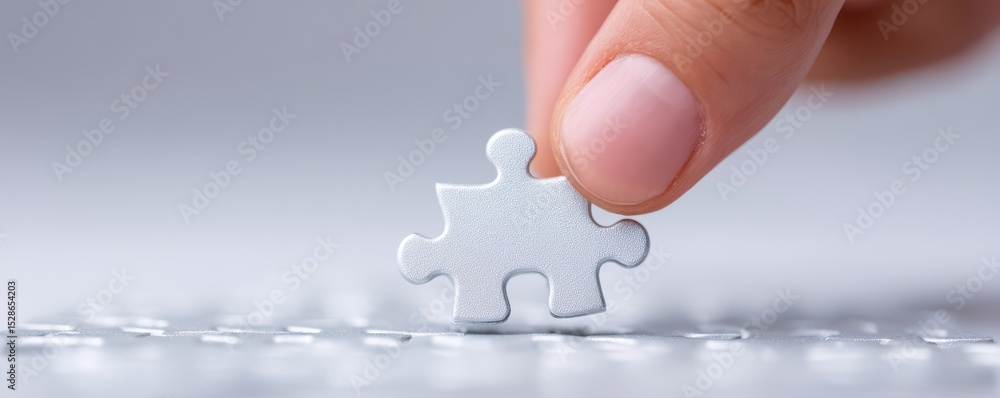 Poster hand placing white puzzle piece on matching board with soft focus background for creativity and prob