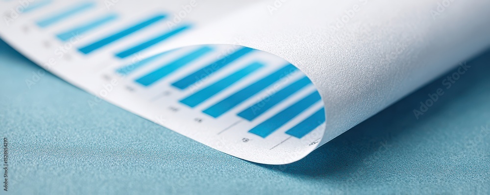 Poster close-up view of curling paper sheet with blue graph on a soft textured surface for analytical prese