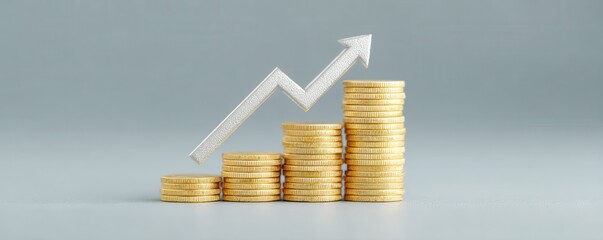 Financial Growth Concept with Stacks of Coins and an Arrow Symbolizing Increased Revenue and Economic Progression