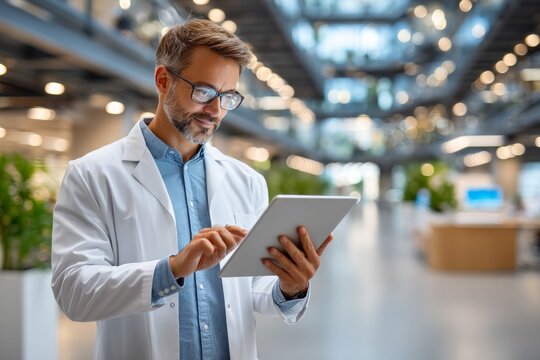A man in a white lab coat is using a tablet computer