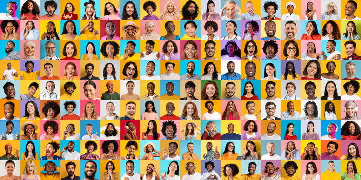 A collage displays a multitude of faces representing various backgrounds, showcasing joy and uniqueness in lifestyle. The vibrant colors emphasize the celebration of diversity in portraits.